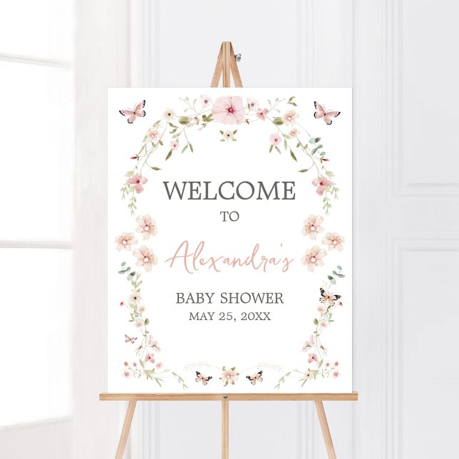 Poster Bebê no Bloomfly Chá de fraldas Bem-vindo (Spring Butterflies Baby Shower Welcome Sign)