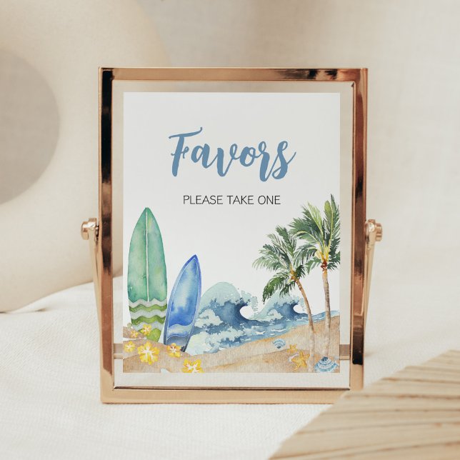 Poster Bebê nos favores do Chá de fraldas da praia Consel (Surfing Summer Boy Baby Shower Favors Sign)