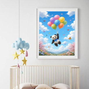 Pôster Bebê Panda flutuando balões coloridos