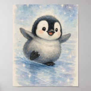 Poster Bebê Pinguim em Aquarela Fofa e Estrelas Brilhante