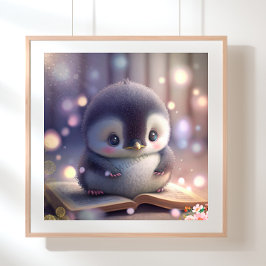 Poster Bebê Pinguim Fofo lendo um livro Arte Berçário