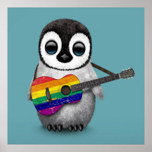Pôster Bebê Pinguim Tocando Pavilhão Arco-Íris Guitarra A