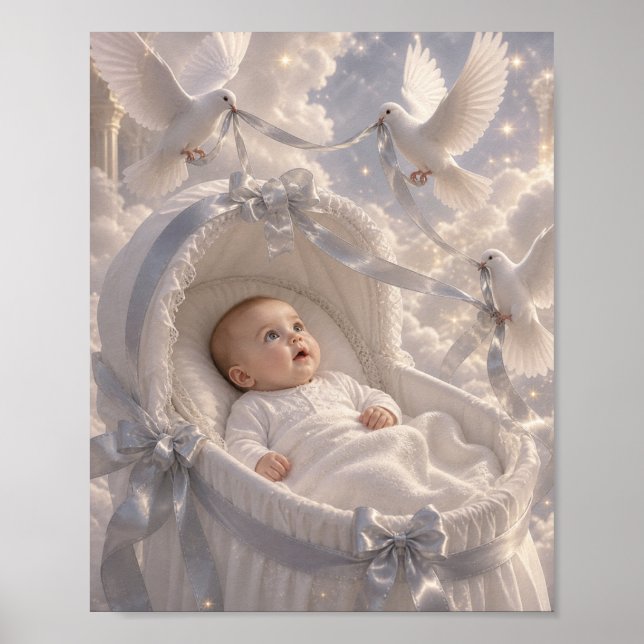 Poster Bebê - pombas elegantes decorando berço de bebê (Frente)
