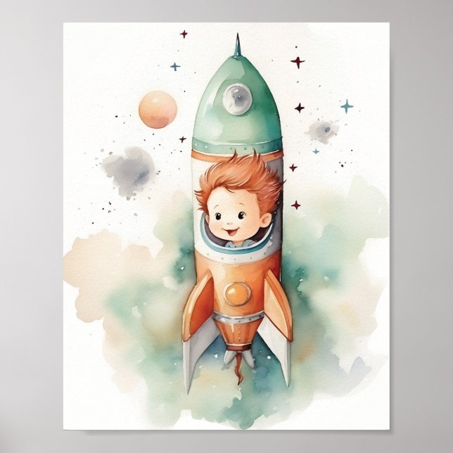 Poster Bebê-Rapaz Astronauta Watercolor (Frente)