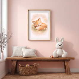Poster Bebê Raposa Fofo Dormindo Quarto de Bebê Neutro In