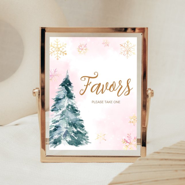 Poster Bebê rosa É frio fora da Comida (Pink Gold Winter Snowflake Cold Outside Baby Shower Favors Sign)