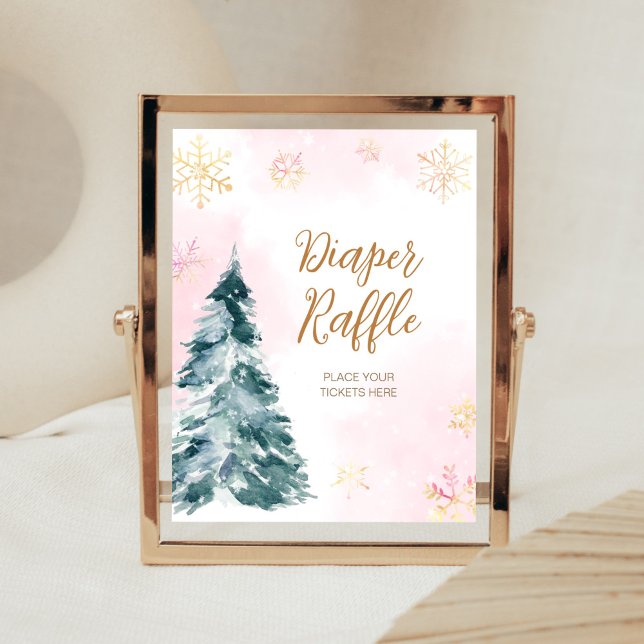 Poster Bebê rosa É frio fora da Fralda Raffle (Pink Gold Winter Cold Outside Baby Shower Diaper Raffle Sign)