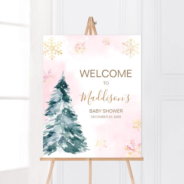 Poster Bebê rosa É frio fora de casa (Pink Gold Winter Cold Outside Baby Shower Welcome Sign)