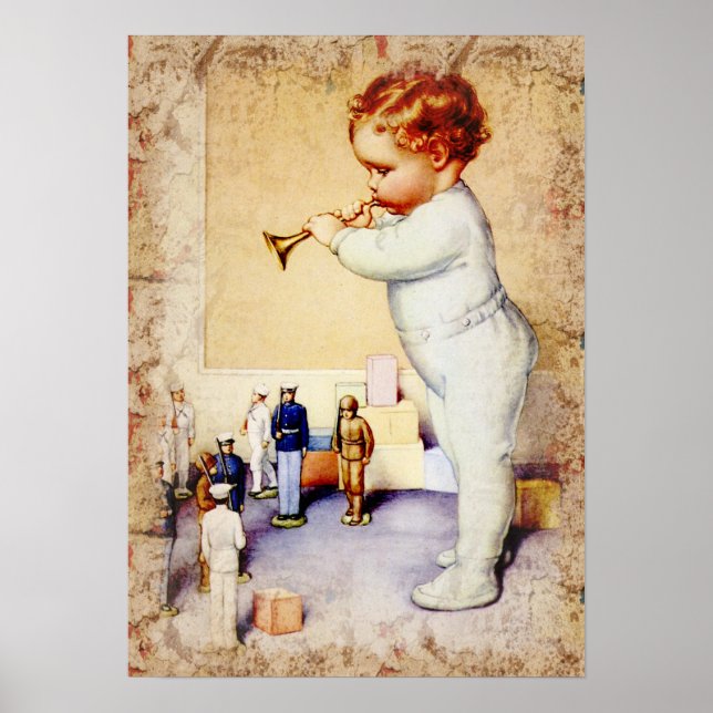 Poster Bebê ruivo soprando chifre para soldados (Frente)