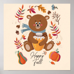 Poster Bebê urso fofo de outono com mel e texto personali