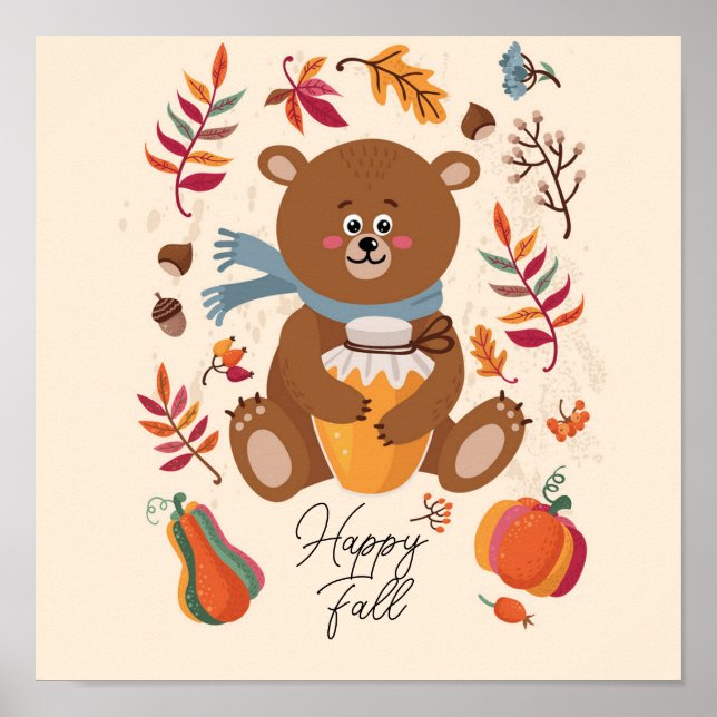 Poster Bebê urso fofo de outono com mel e texto personali (Frente)