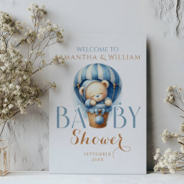 Poster Bebê Urso no Balão de Ar Quente Azul