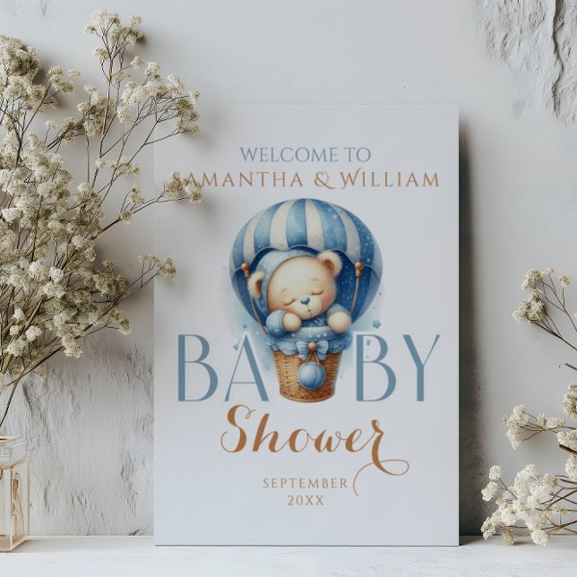 Poster Bebê Urso no Balão de Ar Quente Azul (Criador carregado)