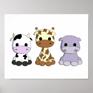 Poster Bebê vaca girafa hipopótamo desenho nursery fofo