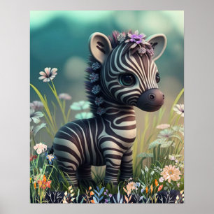 Poster Bebê zebra fofo no jardim de flores da creche de a