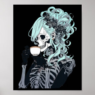 Poster Bebendo de café Skeleton Messy Bun Halloween Costu