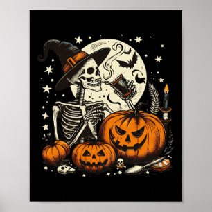 Poster Bebendo de café Skeleton Pumpkin Figurino de Hallo