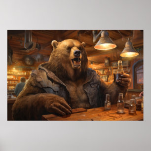 Poster Bebendo de diversão animal do urso grizzle Feliz R