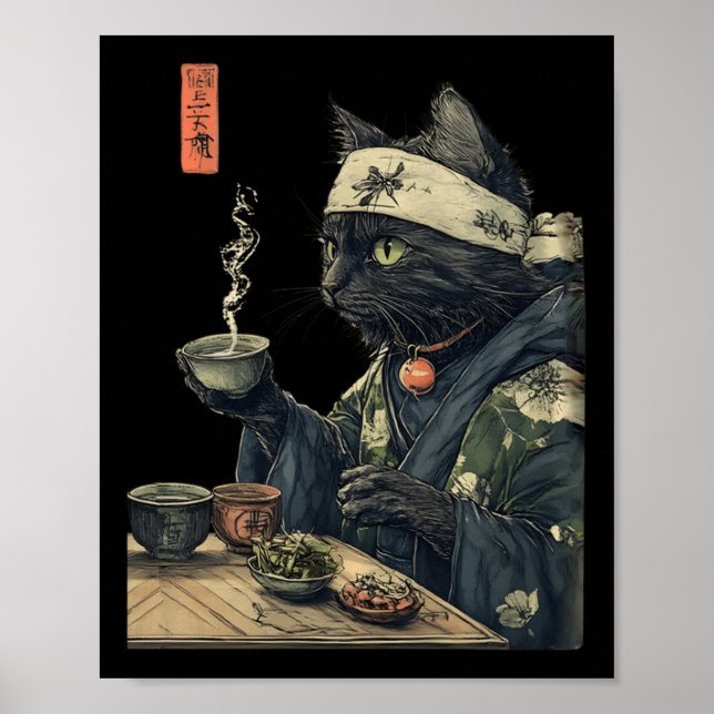 Poster Bebendo De Gato Chá Japonês Cerimonia Tea Art Impr (Frente)