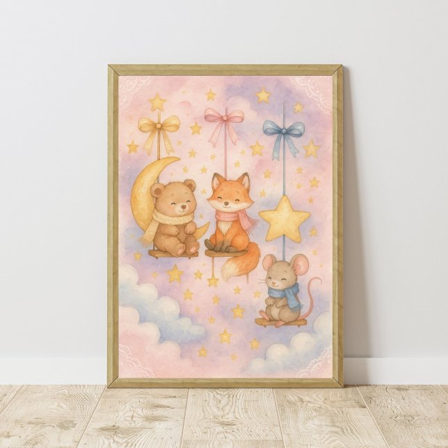 Poster Bebês Animais da Floresta Celestial Arte de Parede (Baby Woodland Animals Moon Stars Celestial Nursery Wall Art. Girls Nursery or Boys, Toddler Bedroom)