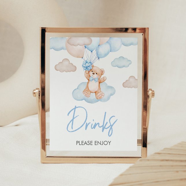 Poster Bebês Azuis Bebês Balões Chás de fraldas (Blue Bear Balloon Baby Shower Drinks Sign)