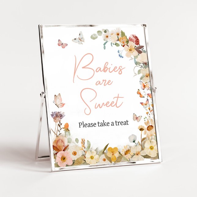 Poster Bebês Borboleta Flor Silvestre São Doce (Little Butterfly Wildflower Baby Shower Babies are Sweet Sign)