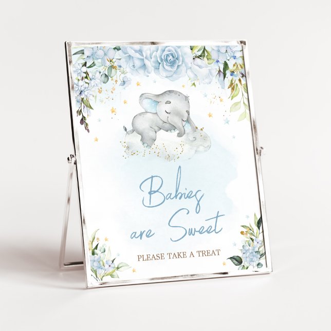 Poster Bebês Chás de fraldas de Elefante Floral Azul são  (Blue Floral Sleeping Elephant Baby Shower Babies are Sweet Sign)