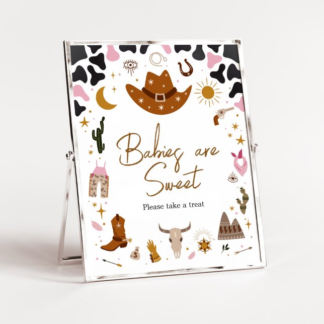 Poster Bebês Chás de fraldas de vaqueira ocidental rosa s (Boho Wild West Rodeo Baby Shower Babies are Sweet Sign)