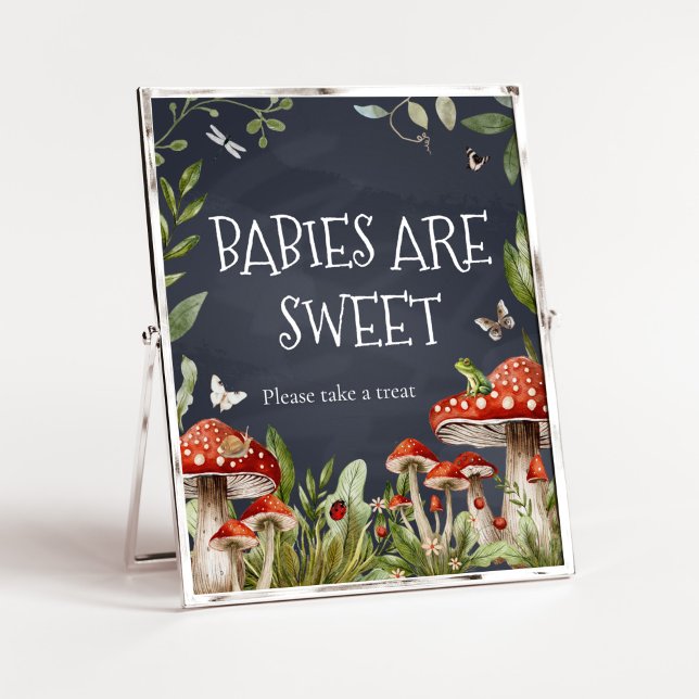 Poster Bebês de Cogumelo Encantado e Imaginoso são doces (Rustic Mushroom Baby Shower Babies are Sweet Sign)