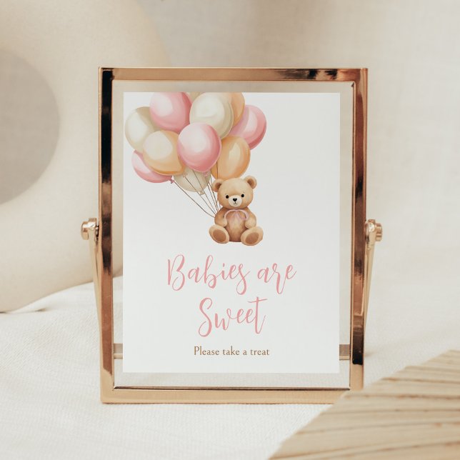 Poster Bebês de Urso de Balão Rosa são Doce (We Can Bearly Wait Girl Baby Shower Babies are Sweet Sign)