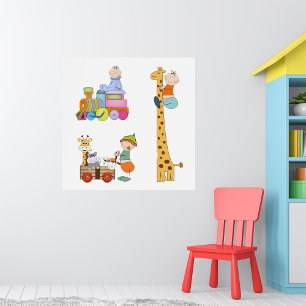 Poster Bebês Meninos com Trem de Berçário Girafa e Carrin
