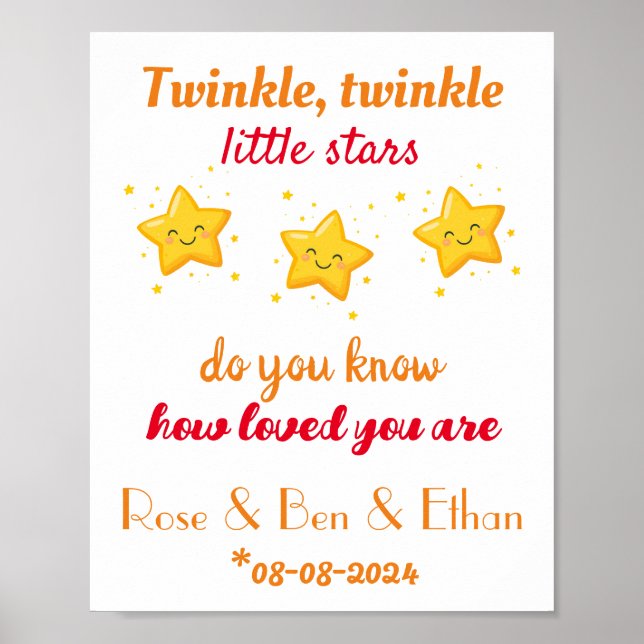 Poster Bebês Personalizados Triplets Nursery Decor, Estre (Frente)