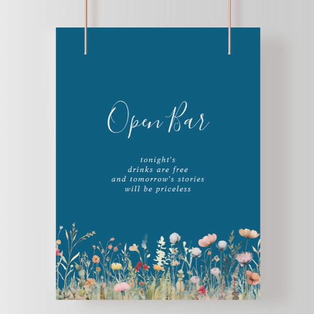 Poster Bebida Liberada Casamento Boho Flor Silvestre Azul (Criador carregado)