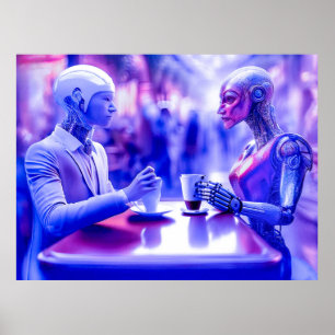 Poster Bebidas alimentares com casal Cyborgs no café da r