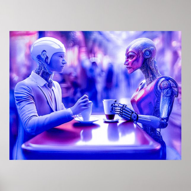 Poster Bebidas alimentares com casal Cyborgs no café da r (Frente)