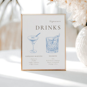 Poster Bebidas Assinadas Por Arte De Linha Floral Azul Fr