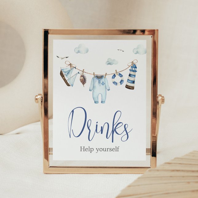 Poster Bebidas Chás de fraldas Ahoy Náuticas (Nautical Sailor Ahoy Baby Shower Drinks Sign)