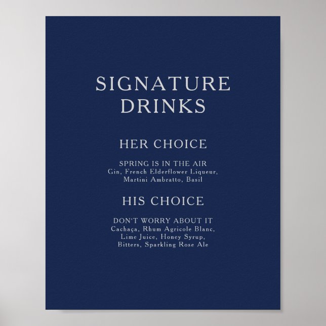 Poster Bebidas Clássicas Minimalistas Azul Marinho Prata (Frente)