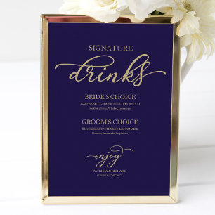 Poster Bebidas com Assinatura Chic Dourado Script Azul Ma