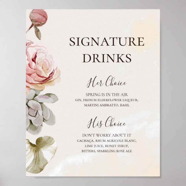 Poster Bebidas com Assinatura de Aguarela Floral Rubor Mo (Frente)