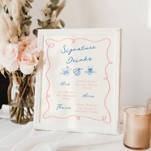 Poster Bebidas com Assinatura Rosa e Azul Desenhadas à Mã