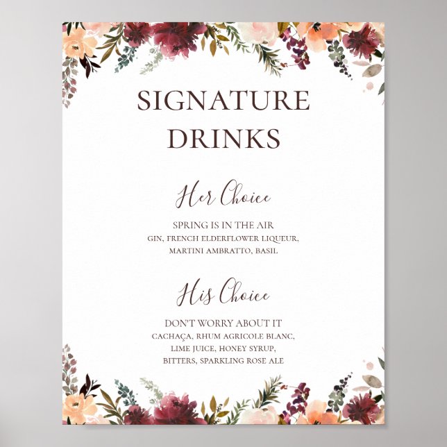 Poster Bebidas com Sabor Floral de Laranja Borgonha Placa (Frente)