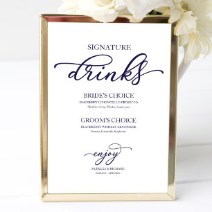 Poster Bebidas com Selo Chic Azul-Marinho com Letra Calig