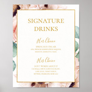 Poster Bebidas com Selo do Jardim Floral Elegante Blush