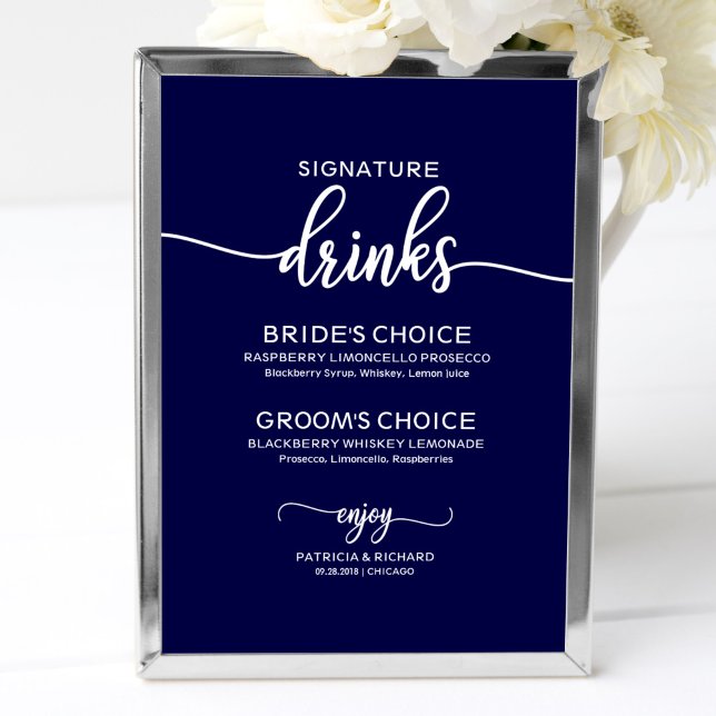 Poster Bebidas com Selo Elegante Sinal de Casamento Azul- (Criador carregado)