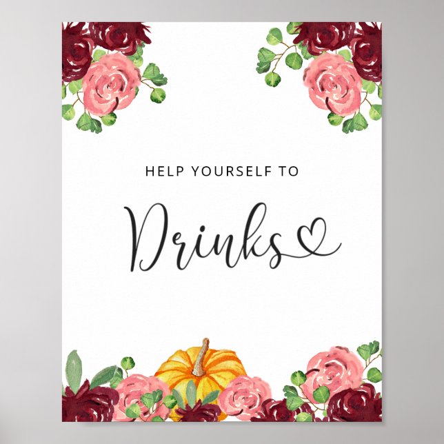 Poster Bebidas de abóbora floral Borgonha (Frente)