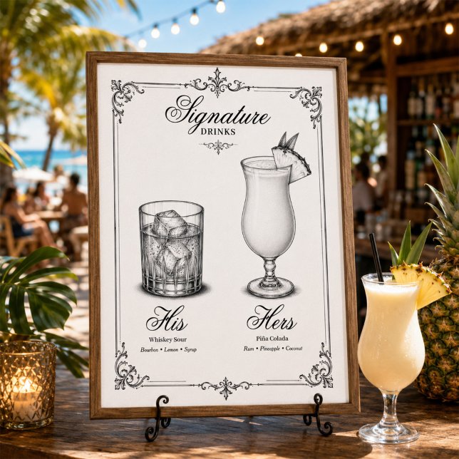 Poster Bebidas de Assinatura Casamento Dele e Dela (Elegant framed Signature Drinks sign adds timeless charm to your wedding cocktail bar. )