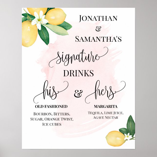 Poster Bebidas de Assinatura Casamento Recepção Limões Ro (Frente)