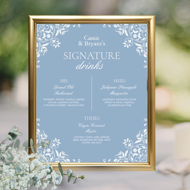 Poster Bebidas de Assinatura de Casamento Chic Azul e Bra (Elegant dusty blue and white bride and groom names signature drinks bar menu with his her theirs)