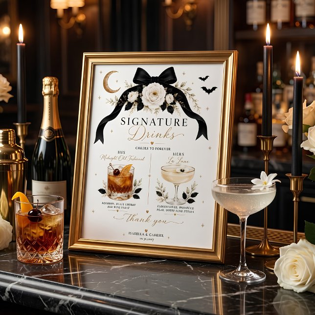 Poster Bebidas de Assinatura de Casamento Gótico com Laço (Criador carregado)